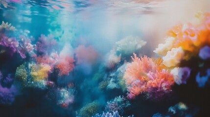 Fototapeta premium Vibrant coral reef underwater scene, ocean background, nature, marine life, vibrant colors, ideal for travel or environmental publications