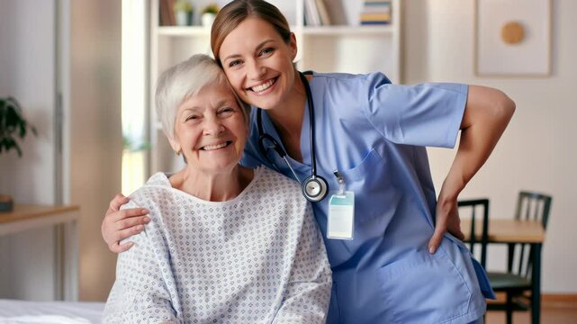 Nurse and pensioner woman having fun together inside retirement home - Care taker and assistance concept - Models by AI generative