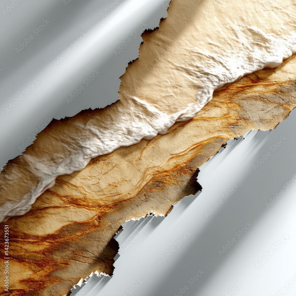 Poster abstract art: layered textures of rough brown surface and creamy white texture in natural light