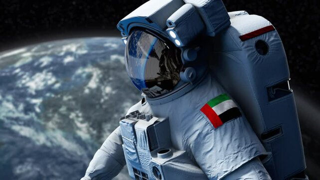 UAE Astronaut with arm patch flag floating through space. Space program. Spaceman. Earth in background. The country showing national pride. United Arab Emirates, Emirates.