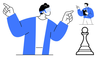 Person wearing VR headset gesturing dynamically, figure pointing with direction, and chess pawn symbolizing strategy. Ideal for innovation, leadership, strategy, technology, creativity