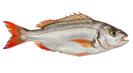 Whole, uncooked fish with sleek silver-gray scales reflecting light, vibrant orange-red fins, and a slightly