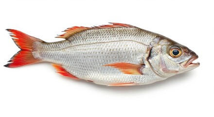 Whole, uncooked fish with sleek silver-gray scales reflecting light, vibrant orange-red fins, and a slightly