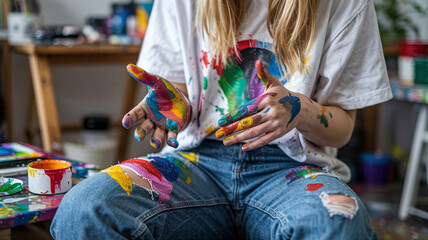 She wipes paint-streaked hands on her jeans