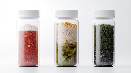 Layered Spices in Glass Jars Minimalist Design Bright Lighting Close-up Vertical Shot Textured Ingredients Organized Storage Clean White Background Neutral Calming Tones Ideal for Food Blog
