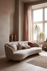 Fototapeta premium Cozy living room featuring a modern curved sofa, decorative pillows, and natural light from a large window