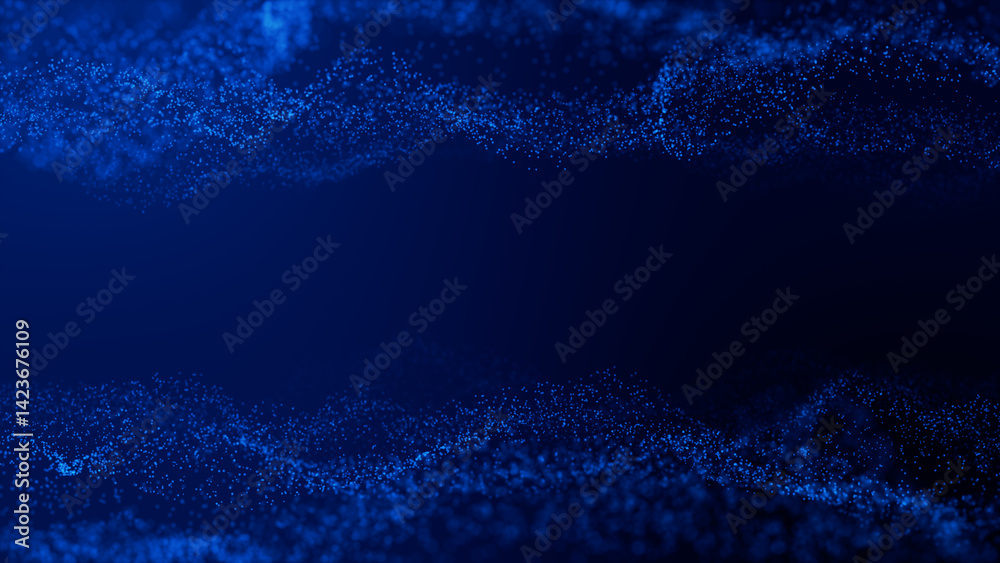 Poster Digital particle wave and light abstract background concept. Dot on blue background. 3D rendering