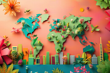 Greeting card with holiday composition for world environment day, abstract vivid composition consists of fictional unreal fantastic vision on background