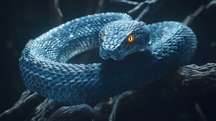 Blue Snake Coiled on Branch with Intense Gaze Reptile Portrait