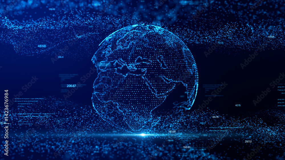 Poster Digital particle wave and Global network concept. Dot, number and text on blue background. 3D rendering