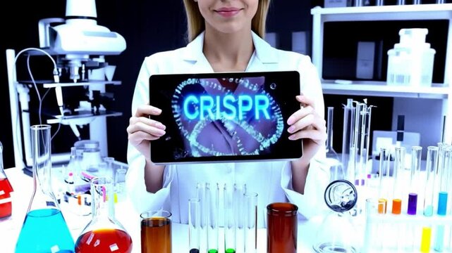 Researcher holds tablet displaying CRISPR technology in futuristic bioengineering lab