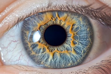 Close-up of blue eye with unique iris pattern and detailed texture