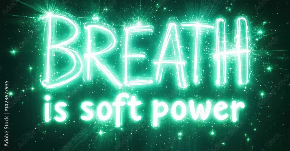 Aufkleber bright neon text reads breath is soft power. teal background features sparkling light effects. inspi