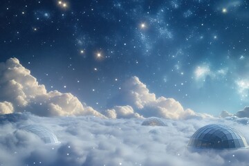 Naklejka premium Cloudscape with futuristic domes under a starry night sky