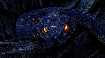 Menacing Snake with Glowing Eyes Coiled on Rock in the Dark
