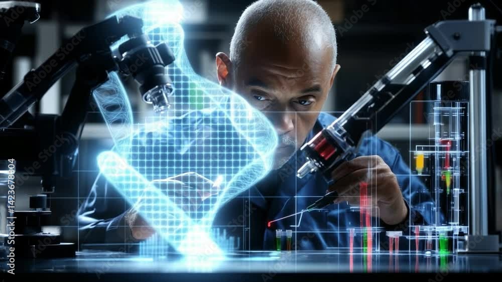 Poster futuristic scientist exploring dna manipulation techniques with advanced tools and animations