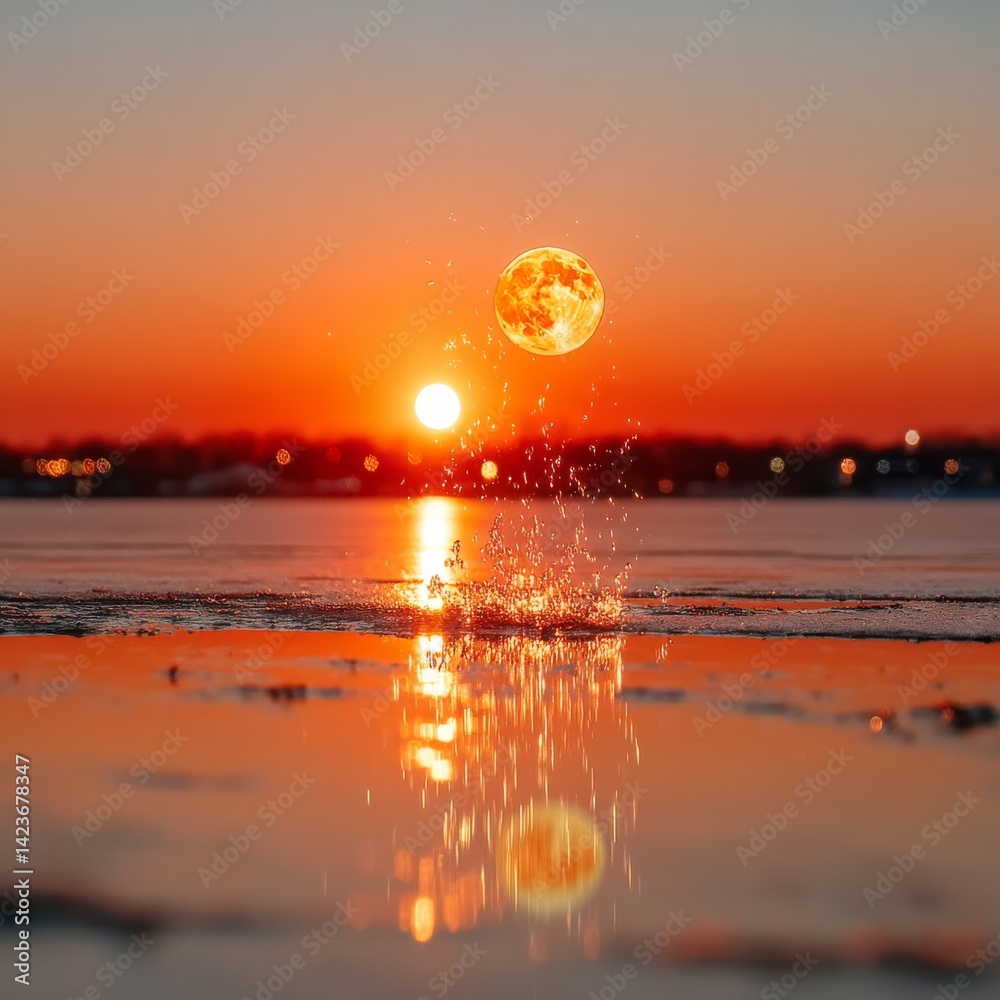 Aufkleber Fiery Sunset Reflection on Water with Unique Orb Visual and Water Splash Creates a Unique Visual Harmony