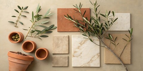 Interior design with natural tiles and olive branches in neutral tones