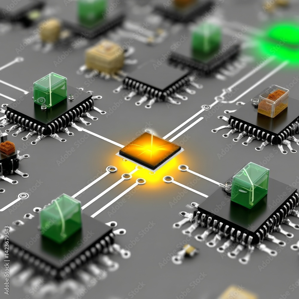 Poster High-tech Circuit Board Visualization with Glowing Elements, Illustrating Interconnectedness and Innovation in Modern Electronics