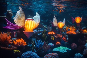 Obraz premium Underwater utopia showcases colorful fish swimming near luminous coral lamps