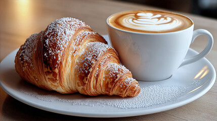 A croissant and cappuccino on a white plate