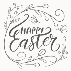 Happy Easter Floral Calligraphy Design: Gray Tones, Delicate Line Art.