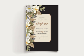 WEDDING INVITATION FRAME WITH FLOWER DECORATIONS AND FRESH LEAVES
