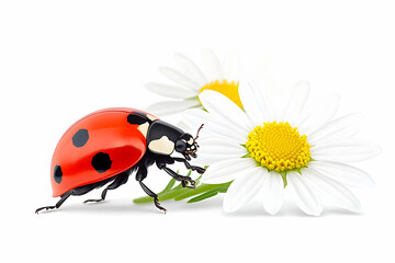 Obraz premium Red ladybug crawling on white daisies against a white background