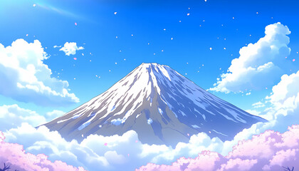 Serene snow-capped mountain peak amidst cherry blossoms and a vibrant blue sky