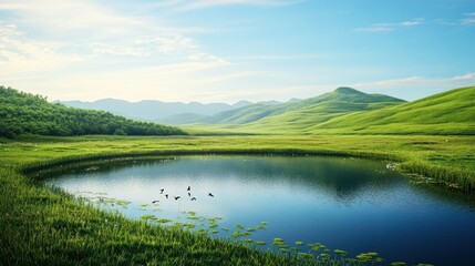 Serene mountain lake, birds in flight, lush greenery, tranquil scene.
