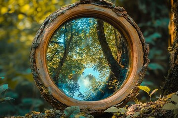 Unique view through tree bark showcasing a quiet lake reflecting autumn foliage and dramatic clouds at sunset