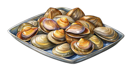 Beautiful Watercolor Illustration of Fresh Clams on a Decorative Blue Plate