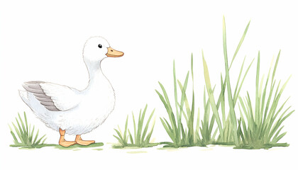 Fototapeta premium Watercolor illustration of a white duckling near green grass