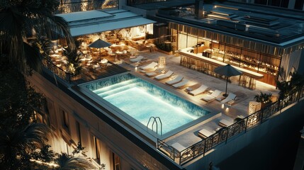 A luxurious rooftop pool area with a bar and lounge chairs.