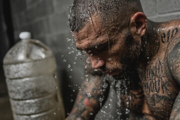 Biohacking Cold Therapy: Tattooed MMA Fighter Kneels on Rubber Gym Mats Post-Training, Pouring Ice Water Over His Buzzed Head
