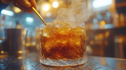 Bartender prepares whiskey cocktail