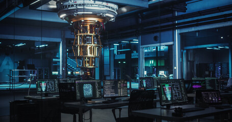 Establishing Shot with an Empty Office with a Quantum Computer Surrounded by Monitors Displaying...