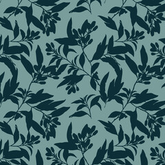 Simple monochrome two-color seamless pattern with flowers silhouette.