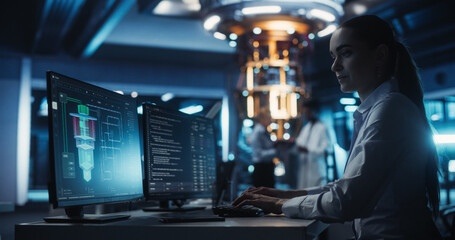 Smart Female Engineer Working Behind a Desk on a Computer. Scientist Optimizing Software Code of a...
