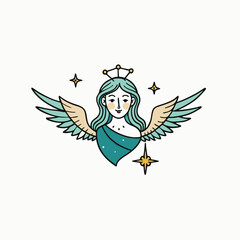 Angel girl in an ornament. Angel hand drawn vector illustration artwork. Female angel vintage drawing Engraving Style Vector illustration