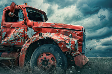 Fototapeta premium Collision of vehicles involved in major accident on city road with major damage, abstract vivid composition consists of fictional unreal fantastic vision on background