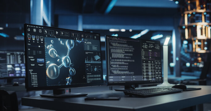 Empty Office with Molecular Modelling Software Working on a Desktop Computer with Two Displays. Left Monitor Showing Biological Models and Right Screen Running a Complex Data and Software Source Code