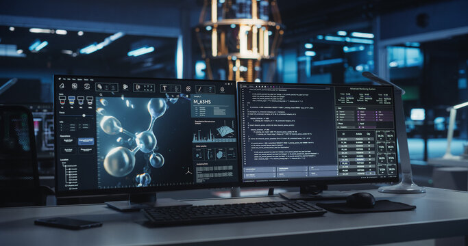 Technology Laboratory with Desktop Computers with Molecular Modelling Software. Scientific Lab, Bioengineering Research Center with Quantum Computer, Technology for Gene and DNA Sequencing Medicine