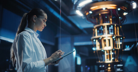 Female Engineer Working on Quantum Computer Hardware, Using Tablet Computer to Access Technical...