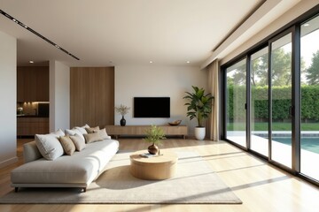 Open plan luxury villa apartment, Scandinavian minimalist decor, natural light, modern, space, light