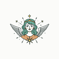 Angel girl in an ornament. Angel hand drawn vector illustration artwork. Female angel vintage drawing Engraving Style Vector illustration