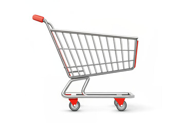 shopping cart, grocery cart isolated on white, retail, shopping, supermarket, convenience, wheels, metal frame, red handle, realistic, 3D, photorealistic