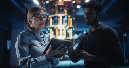 Female and Male Specialists Collaborating on Quantum Computer Development, Discussing a Report on a Tablet Computer in a Research Center. Colleagues Focusing on Innovation and Technology Upgrades