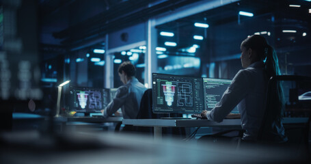 Computer Engineering Team Working in a Research Center on Quantum Hardware Development, Analyzing...