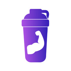Protein shaker bottle for fitness and bodybuilding supplement drink with muscle arm icon vector